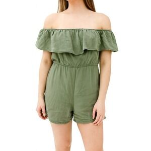 Women's Off Shoulder Ruffle Romper Green Size S Spring‎ Short